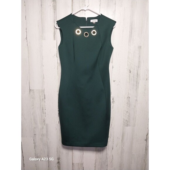 CALVIN KLEIN Green SLEEVELESS SHEATH LINED DRESS GOLD RING CUT OUT SIZE 6 - Picture 1 of 7